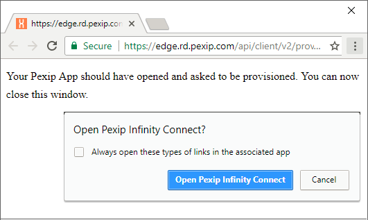 Confirmation to open Infinity Connect client - select the image to enlarge it