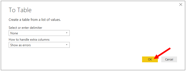 Confirm convert to table - click to enlarge image