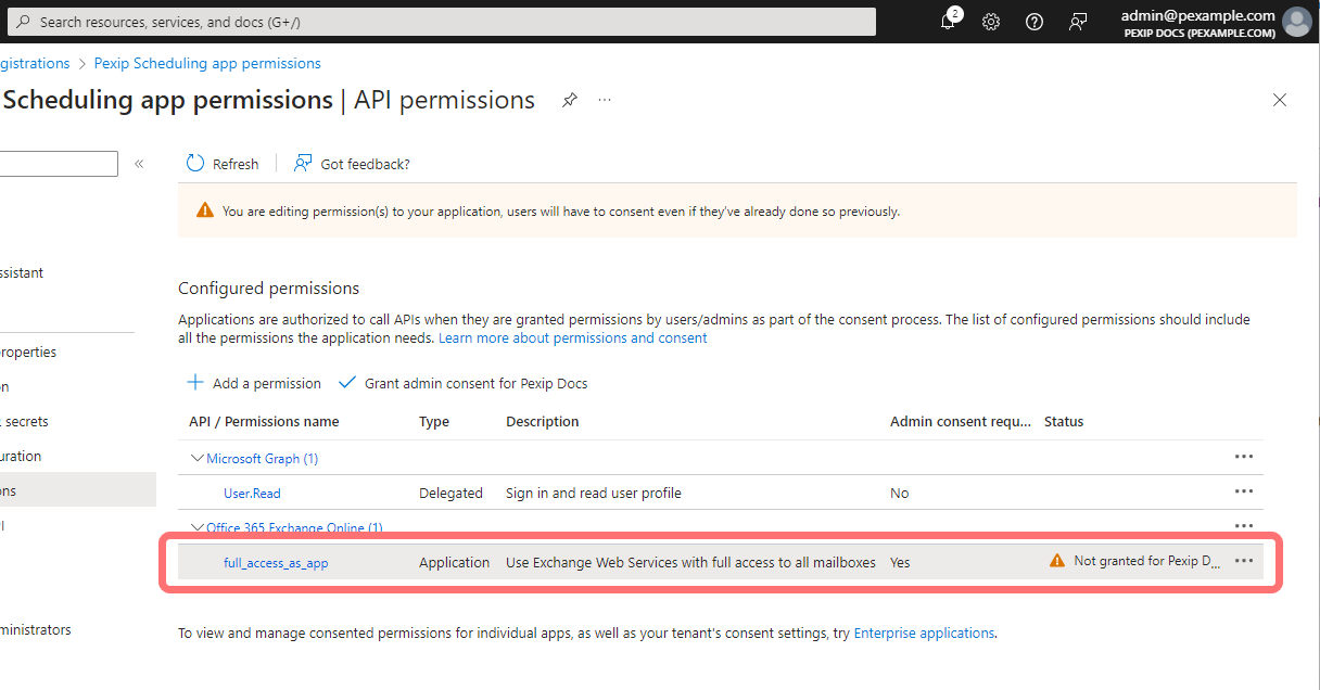 Configured API permissions - select the image to enlarge it