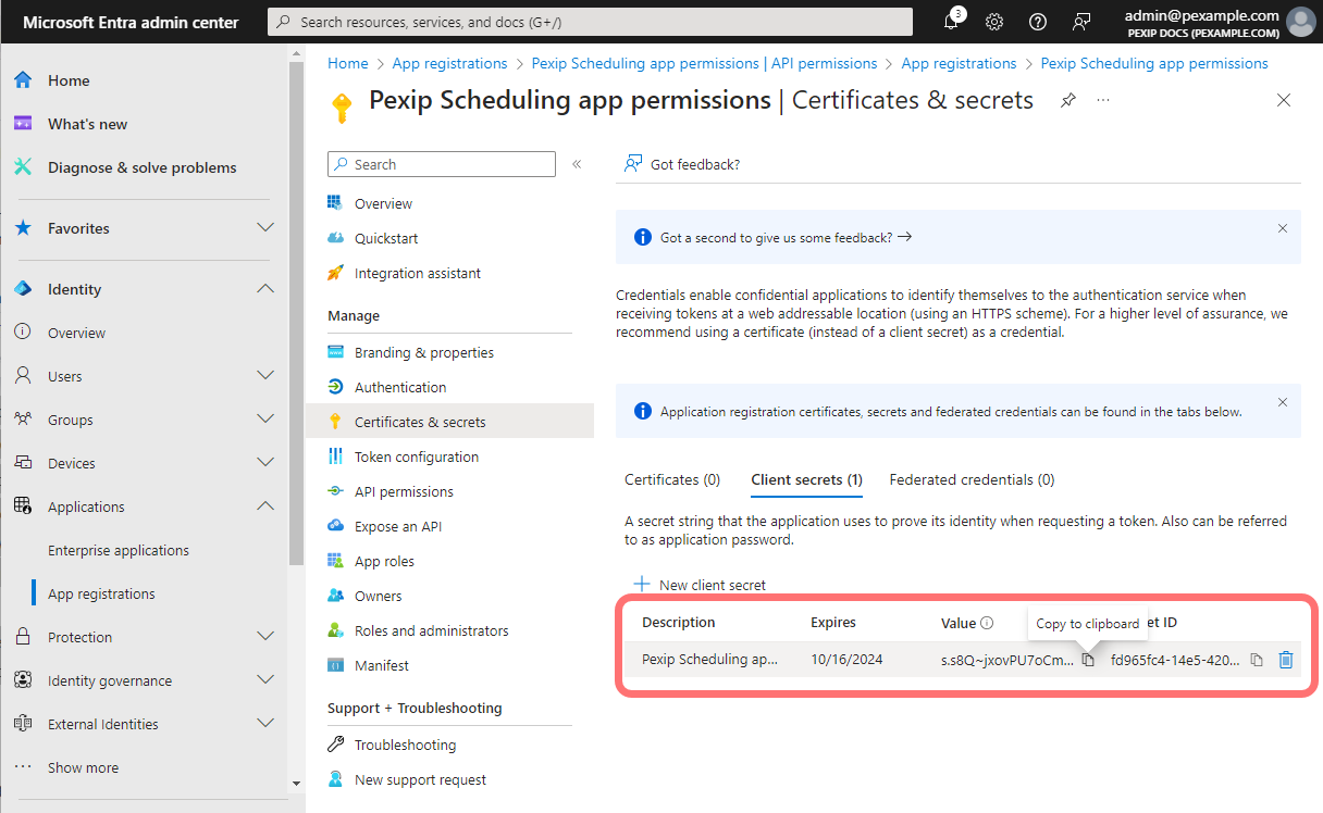 Copy client secret value - select the image to enlarge it