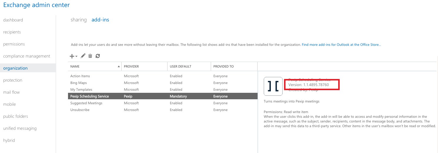 Pexip add-in version number - select the image to enlarge it