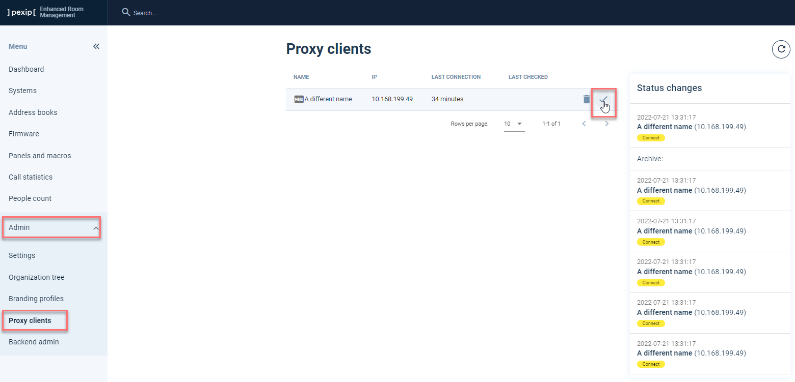 Confirmation of the proxy client connection to the ERM service - select the image to enlarge it