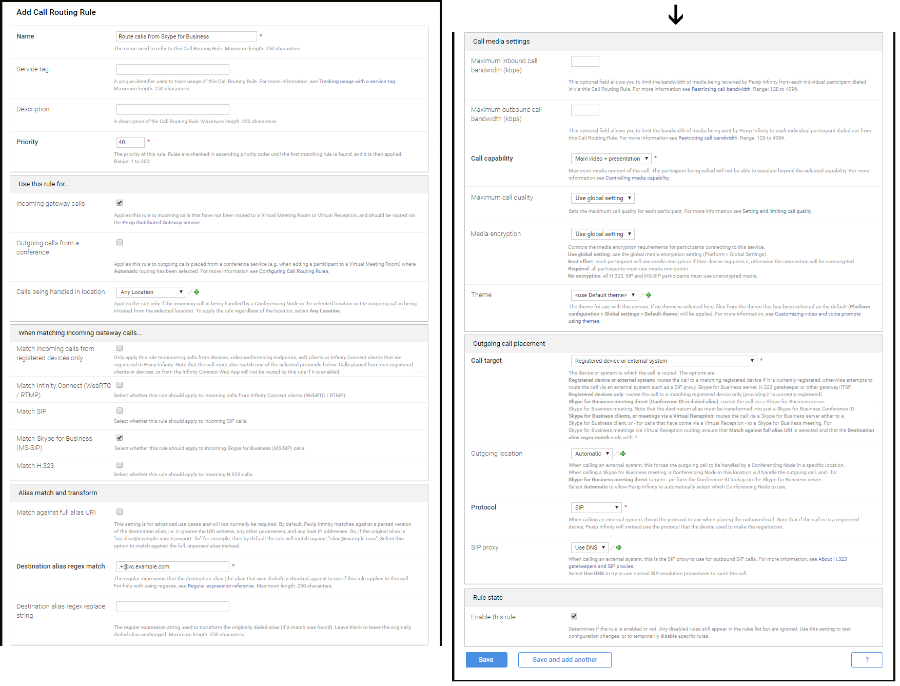 Rule to allow Skype for Business / Lync clients to dial out to other devices via the gateway - select the image to enlarge it