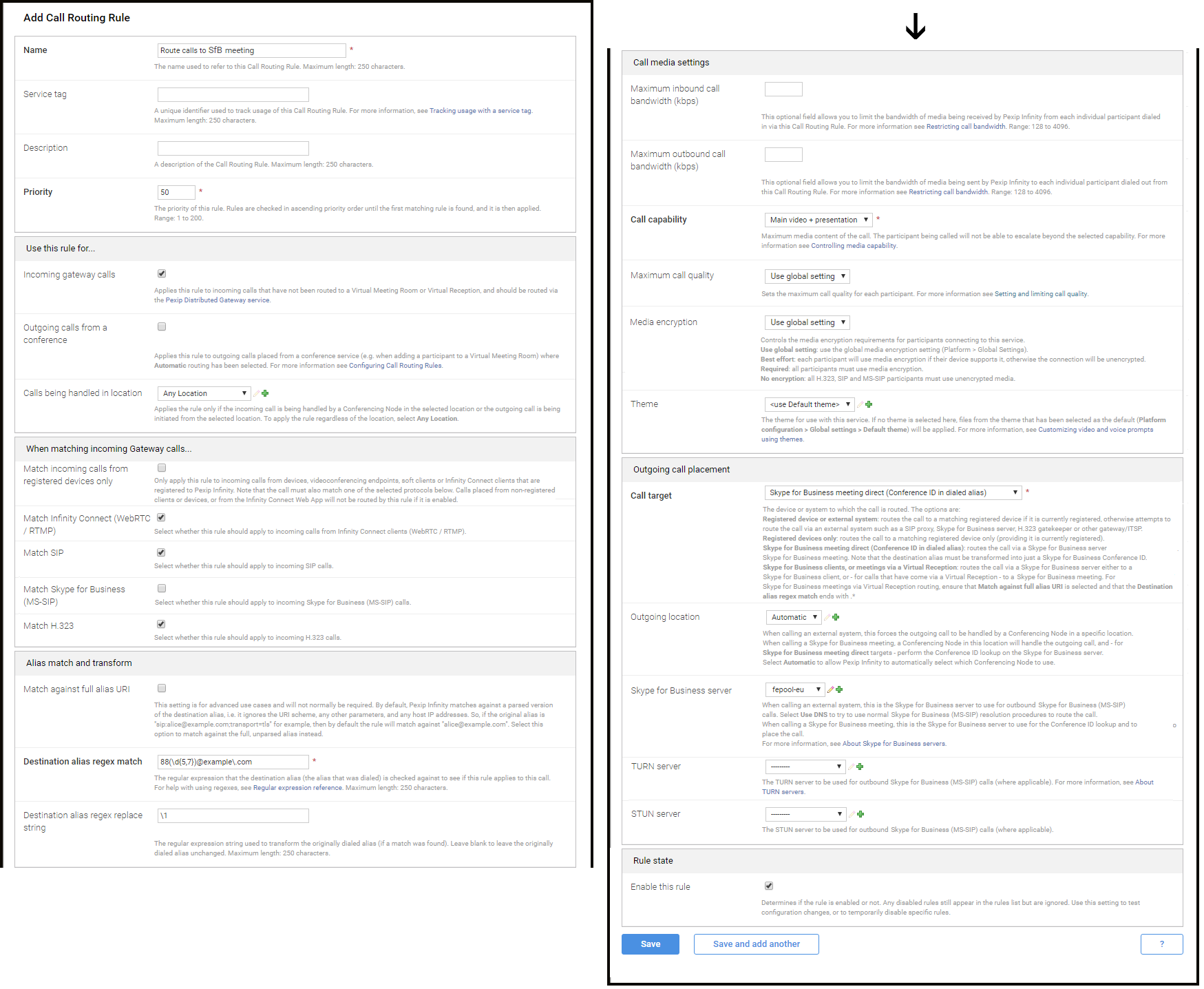 Rule to allow devices to call Skype for Business / Lync clients via the gateway - select the image to enlarge it