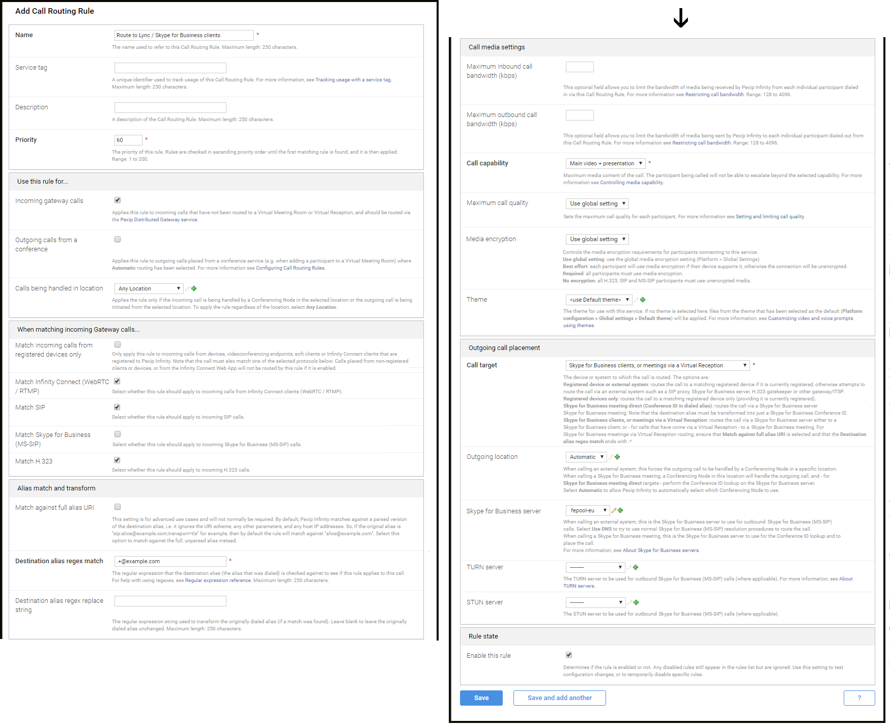 Rule to allow devices to call Skype for Business / Lync clients via the gateway - select the image to enlarge it