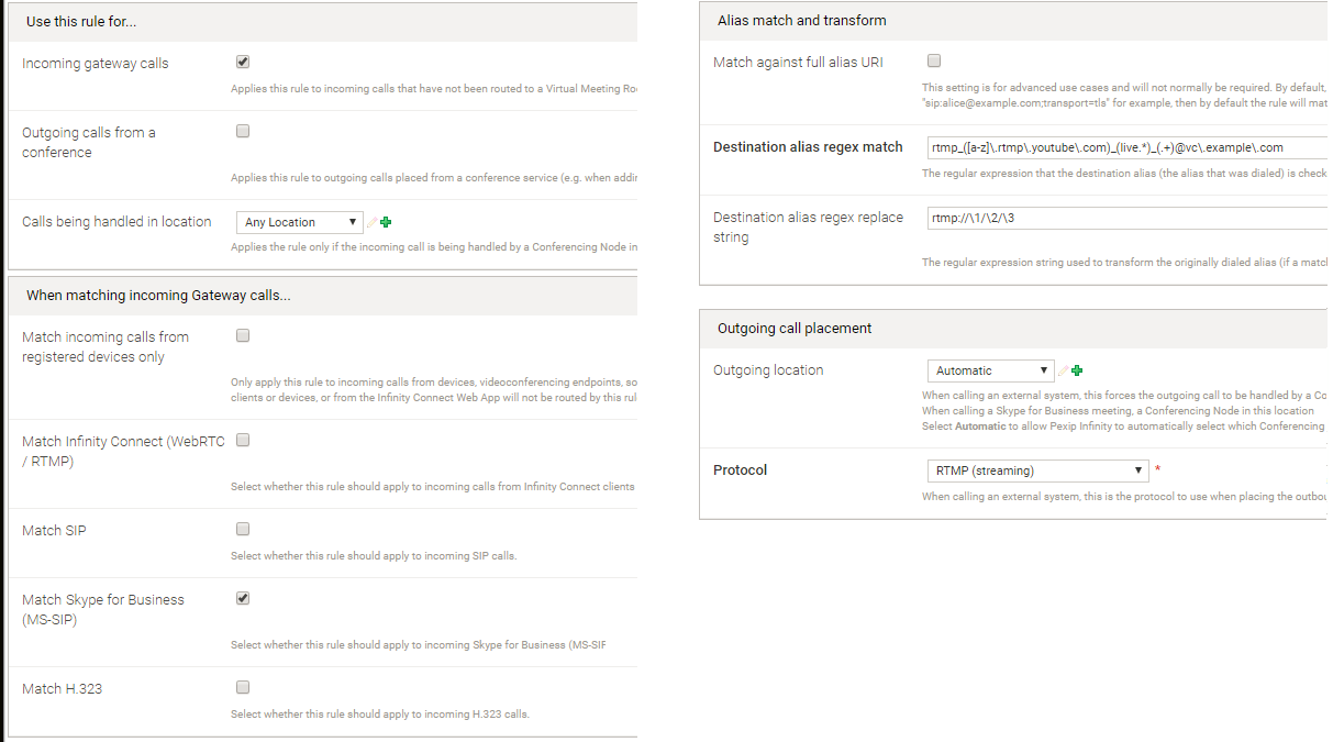 Rule to allow Skype for Business / Lync clients to initiate RTMP streaming via the gateway - select the image to enlarge it