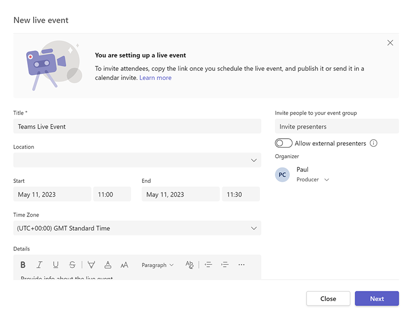 Create a live event - select the image to enlarge it