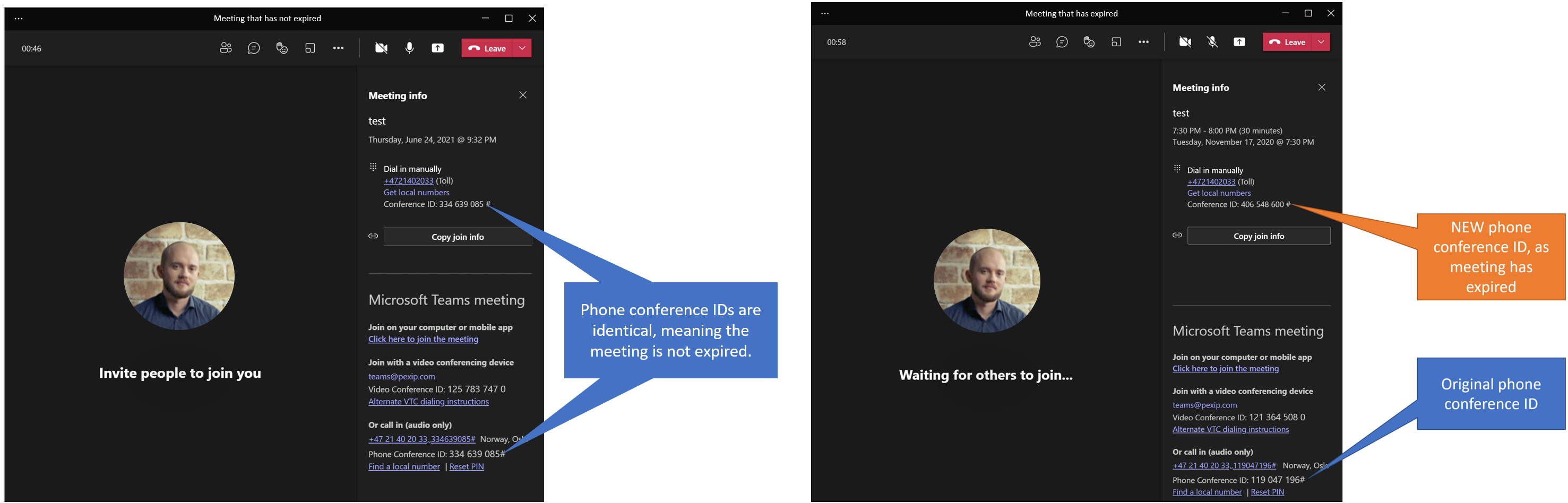 Non-expired and expired Teams meetings - select the image to enlarge it